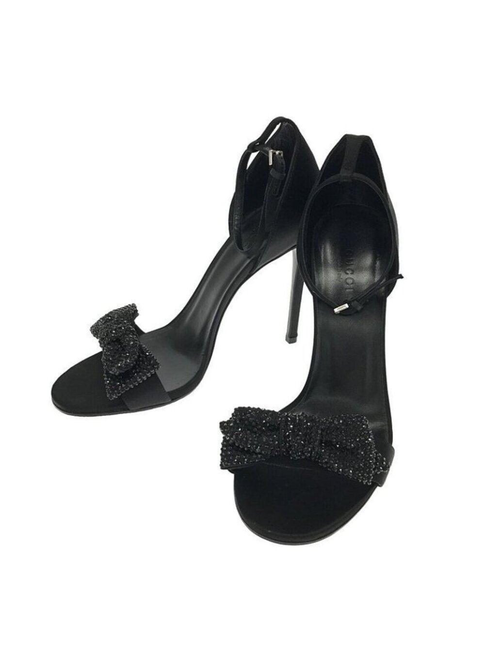Gucci Rhinestone Ankle Strap Heeled Sandals with Ribbon
